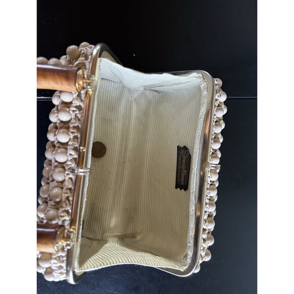 VTG 1950’s Women’s Handbag Beaded Crochet Wicka Weave Wood Handle Brass Accents - Picture 8 of 10